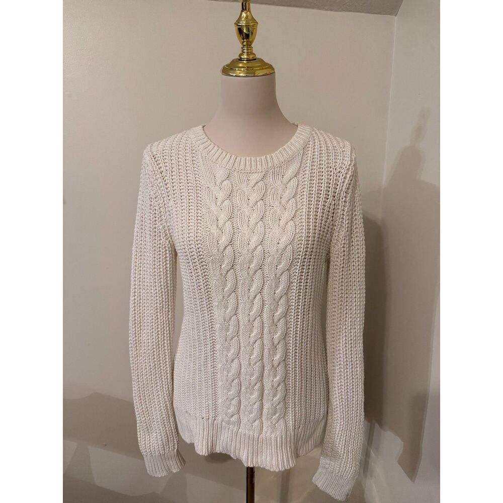 Nautica Cable Knit Fisherman Sweater Women’s M Cream Ivory Cotton Blend